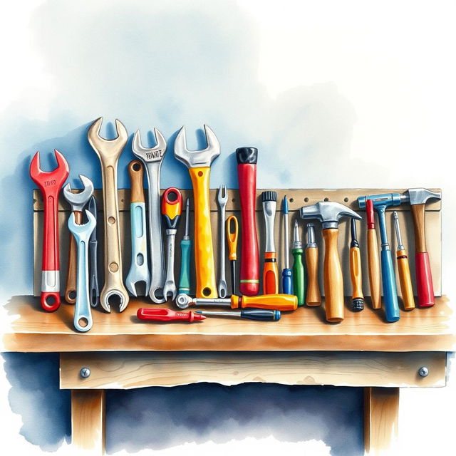 A watercolor composition illustrating industrial tools neatly arranged on a workbench