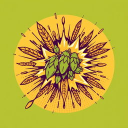 A retro-style vector illustration depicting an explosion of malt and hops bursting from a central point of impact