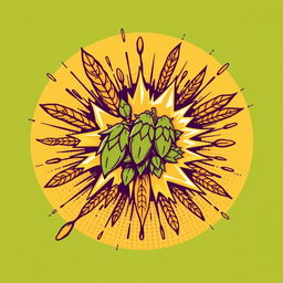 A retro-style vector illustration depicting an explosion of malt and hops bursting from a central point of impact