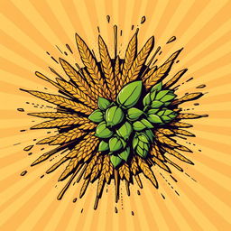 A retro-style vector illustration depicting an explosion of malt and hops bursting from a central point of impact