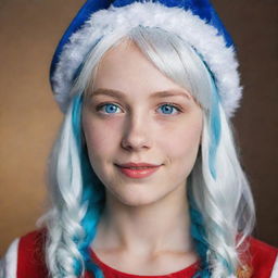 A girl with white hair and blue highlights, blue eyes, wearing a Christmas hat and costume.