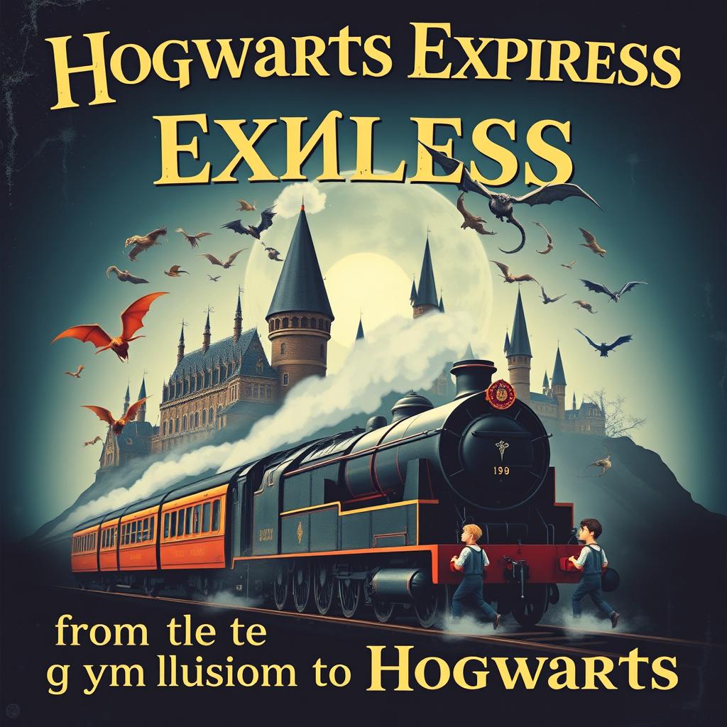 A fantastical poster with the inscription "Hogwarts Express" in large English letters at the top, followed closely by "from the gymnasium to Hogwarts" beneath it, where Hogwarts is capitalized