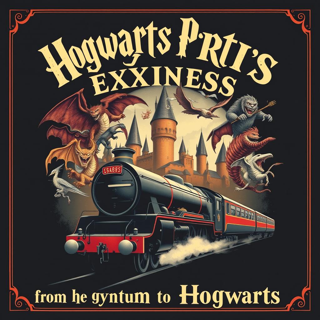 A fantastical poster with the inscription "Hogwarts Express" in large English letters at the top, followed closely by "from the gymnasium to Hogwarts" beneath it, where Hogwarts is capitalized