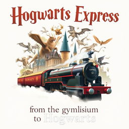 A fantastical poster with the inscription "Hogwarts Express" in large English letters at the top, followed closely by "from the gymnasium to Hogwarts" beneath it, where Hogwarts is capitalized