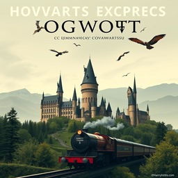 A poster featuring a grand view of Hogwarts with the inscription "Хогвартс экспресс" in large letters at the top, followed by "с гимназии к Хогвартсу"