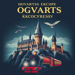 A poster featuring a grand view of Hogwarts with the inscription "Хогвартс экспресс" in large letters at the top, followed by "с гимназии к Хогвартсу"