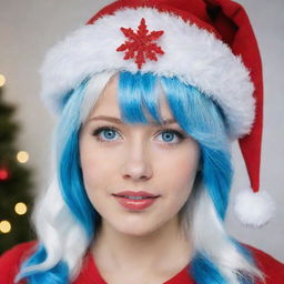 A girl with white hair and blue highlights, blue eyes, wearing a Christmas hat and costume.