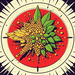 A retro-style vector illustration featuring an explosion of malt and hops bursting from the center of a bullseye