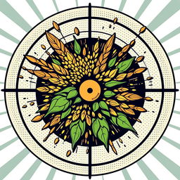 A retro-style vector illustration featuring an explosion of malt and hops bursting from the center of a bullseye