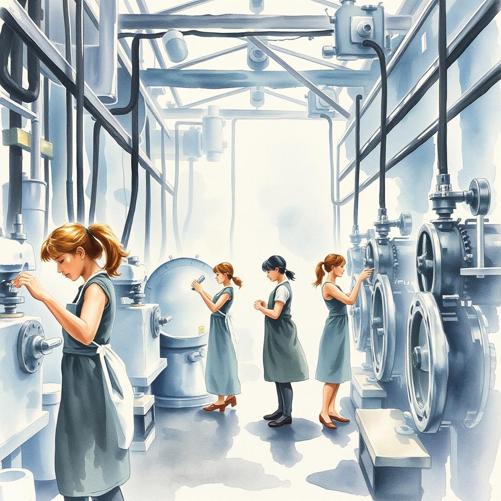 A watercolor painting depicting the interior of a factory with workers gracefully engaging in their tasks