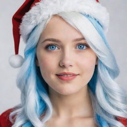 A girl with white hair and blue highlights, blue eyes, wearing a Christmas hat and costume.