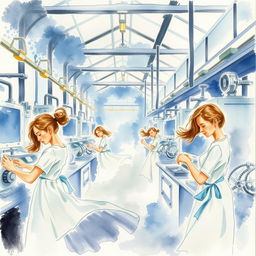 A watercolor painting depicting the interior of a factory with workers gracefully engaging in their tasks