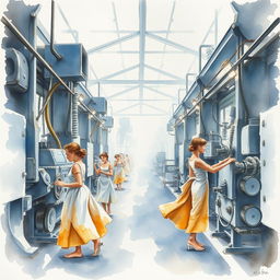 A watercolor painting depicting the interior of a factory with workers gracefully engaging in their tasks