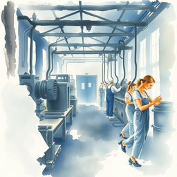 A watercolor painting depicting the interior of a factory with workers gracefully engaging in their tasks