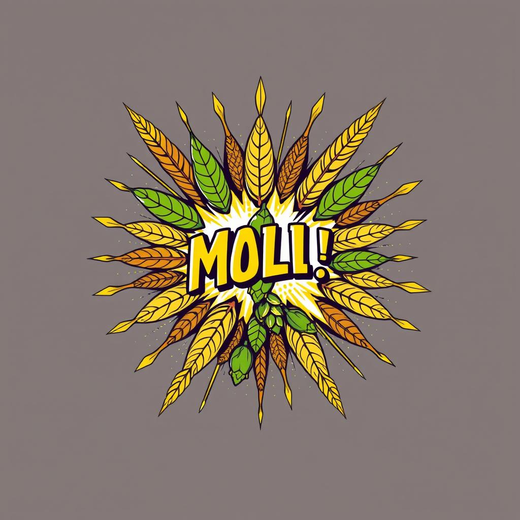 A retro-style vector illustration of malt and hops explosively bursting from a central impact point, set against a transparent background