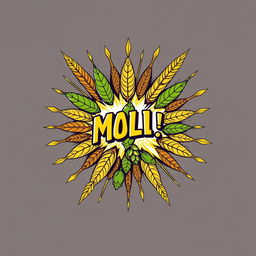 A retro-style vector illustration of malt and hops explosively bursting from a central impact point, set against a transparent background