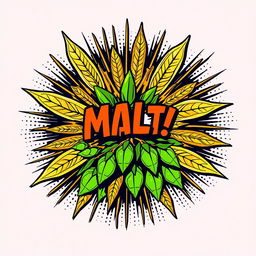 A retro-style vector illustration of malt and hops explosively bursting from a central impact point, set against a transparent background