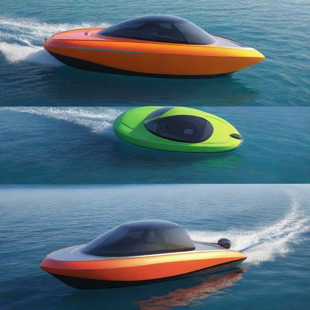 An innovative and compact speed boat concept reflecting the compact size, unique design, and vibrant colors of a Smart car