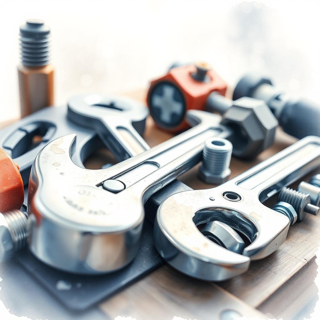 A watercolor close-up of industrial tools resting on a workbench, including wrenches, screwdrivers, and bolts