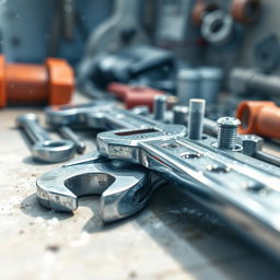 A watercolor close-up of industrial tools resting on a workbench, including wrenches, screwdrivers, and bolts