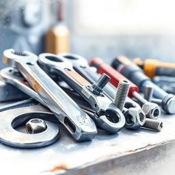 A watercolor close-up of industrial tools resting on a workbench, including wrenches, screwdrivers, and bolts