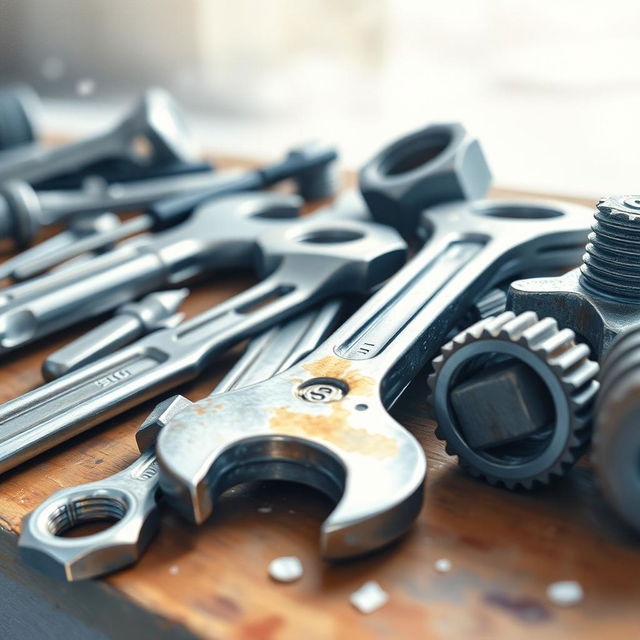 A watercolor close-up of industrial tools resting on a workbench, including wrenches, screwdrivers, and bolts