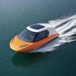 An innovative and compact speed boat concept reflecting the compact size, unique design, and vibrant colors of a Smart car