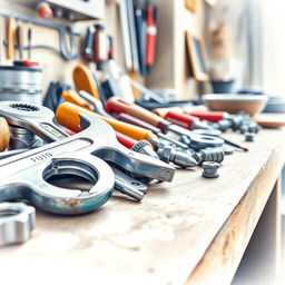 A watercolor close-up of industrial tools resting on a workbench, featuring wrenches, screwdrivers, and bolts