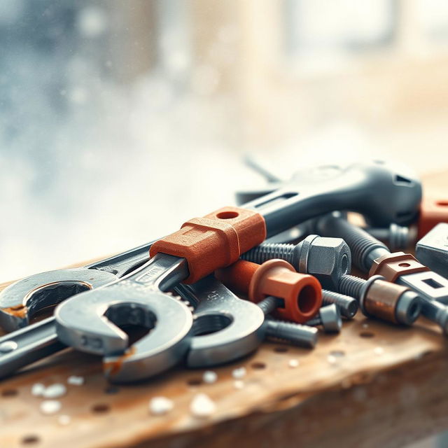 A watercolor close-up of industrial tools resting on a workbench, featuring wrenches, screwdrivers, and bolts