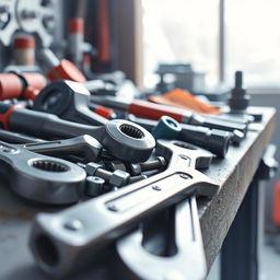 A watercolor close-up of industrial tools resting on a workbench, featuring wrenches, screwdrivers, and bolts