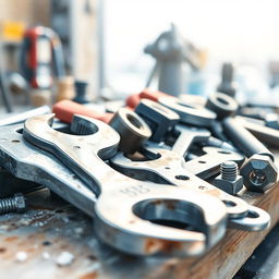 A watercolor close-up of industrial tools resting on a workbench, featuring wrenches, screwdrivers, and bolts