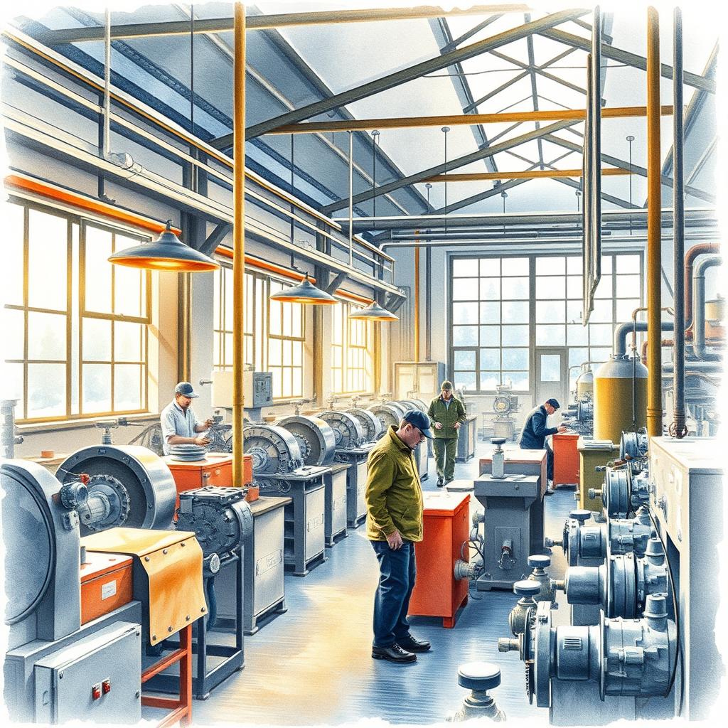 An interior watercolor scene of a factory in winter