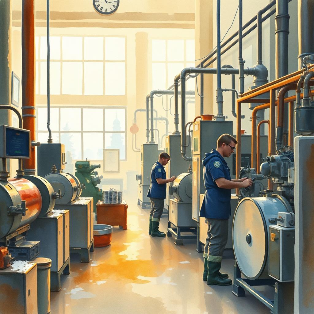 An interior watercolor scene of a factory in winter