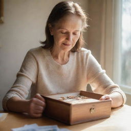 A warm, tender scene of a mother delicately holding a memory box filled with cherished family souvenirs. She is in a peaceful environment, flooded with warm light.