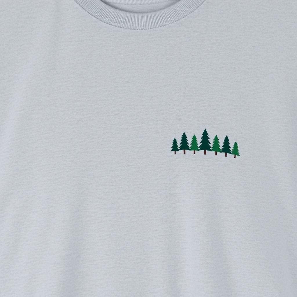 a plain grey t-shirt with a row of pine tree logos neatly arranged on the right chest area