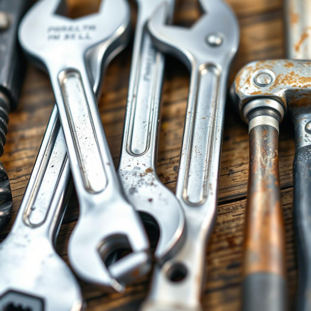 A close-up watercolor painting of industrial tools, including wrenches and hammers, placed on a workbench