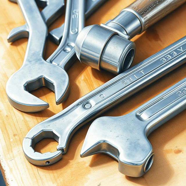 A close-up watercolor painting of industrial tools, including wrenches and hammers, placed on a workbench