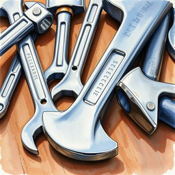 A close-up watercolor painting of industrial tools, including wrenches and hammers, placed on a workbench