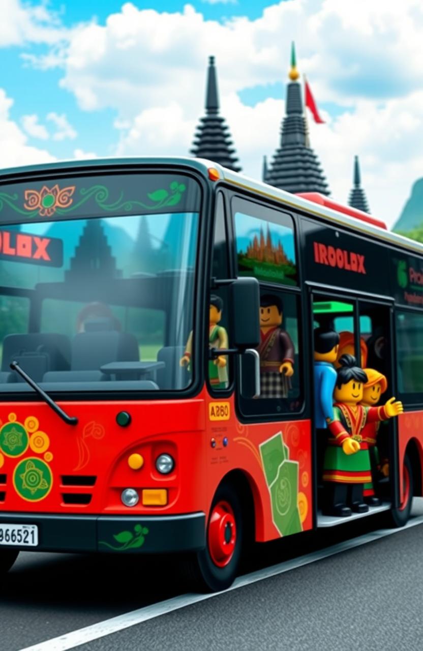 A Roblox style bus with creative, blocky elements in the vibrant setting of Indonesia