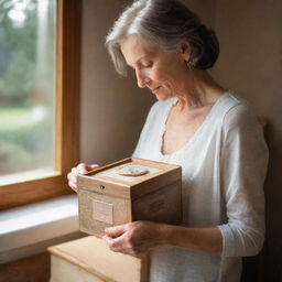 A warm, tender scene of a mother delicately holding a memory box filled with cherished family souvenirs. She is in a peaceful environment, flooded with warm light.