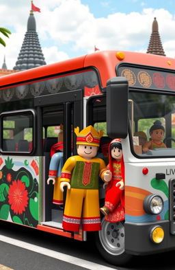 A Roblox style bus with creative, blocky elements in the vibrant setting of Indonesia