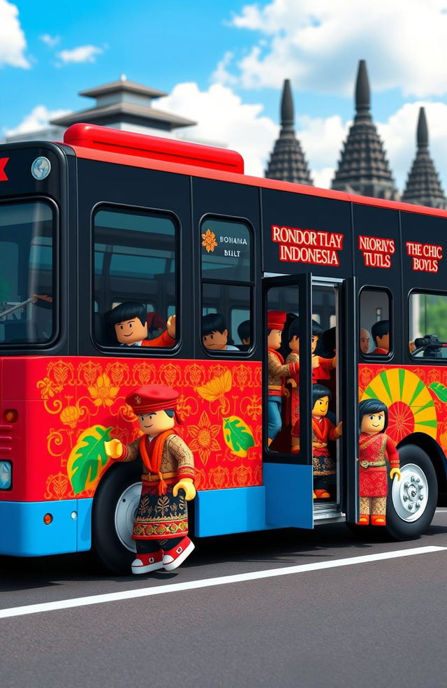 A Roblox style bus with creative, blocky elements in the vibrant setting of Indonesia