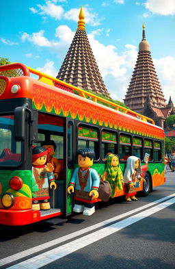 A Roblox style bus with creative, blocky elements in the vibrant setting of Indonesia