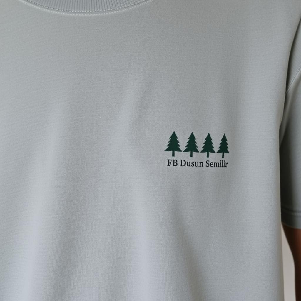 a plain grey t-shirt featuring a row of pine tree logos neatly arranged on the right chest area, complemented by the text 'FB Dusun Semilir'