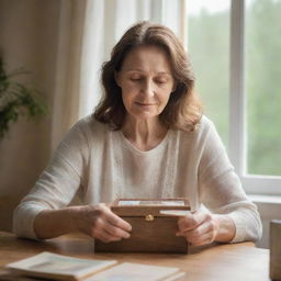 A warm, tender scene of a mother delicately holding a memory box filled with cherished family souvenirs. She is in a peaceful environment, flooded with warm light.