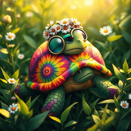 A whimsical depiction of a hippie turtle