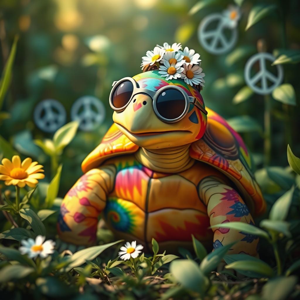 A whimsical depiction of a hippie turtle