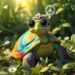 A whimsical depiction of a hippie turtle