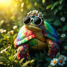 A whimsical depiction of a hippie turtle