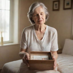 A warm, tender scene of a mother delicately holding a memory box filled with cherished family souvenirs. She is in a peaceful environment, flooded with warm light.